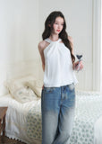 halter top, white halter top, loose sleeveless top, feminine summer top, Korean style top, soft drape top, elegant halter blouse, lyocell summer top, airy sleeveless blouse, romantic white top, vacation outfit top, minimal feminine top, relaxed halter blouse, chic summer top, women’s halter sleeveless top