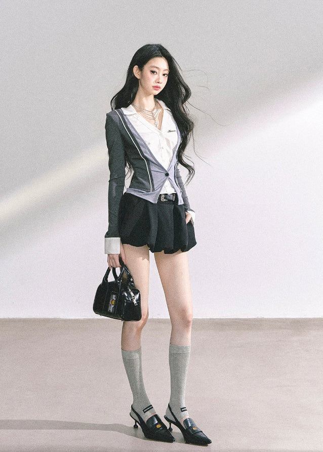 korean fake two piece top, british prep style knit, korean long sleeve polo top, seoul fashion top women, korean streetwear chic outfit, slim fit preppy top women, british college inspired blouse, korean hot girl street fashion, plaid accent layered top, korean fall outfit long sleeve, slim waist design top, trendy korean autumn top, korean aesthetic fashion, london prep chic top, korean fashion two piece illusion blouse