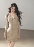Beige ribbed knit cardigan and pleated mini skirt two-piece set