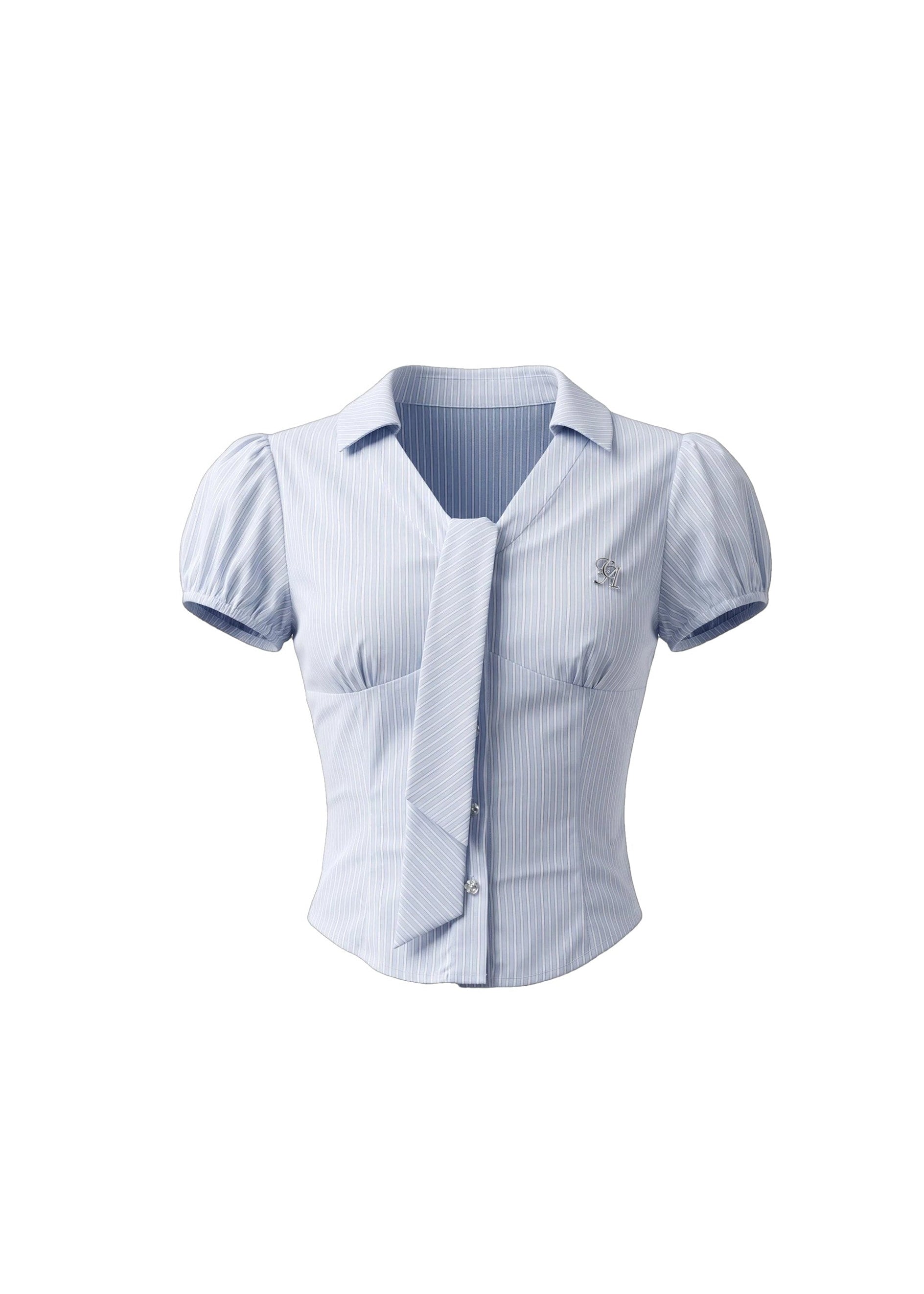 fragileheart top, blue striped shirt, korean collegiate top, academy style shirt, waist cinching top, slim fit shirt, feminine korean fashion, preppy stripe top, short sleeve collar shirt, korean summer top, soft blue shirt, campus style outfit