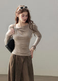 Off-shoulder long sleeve top in soft taupe