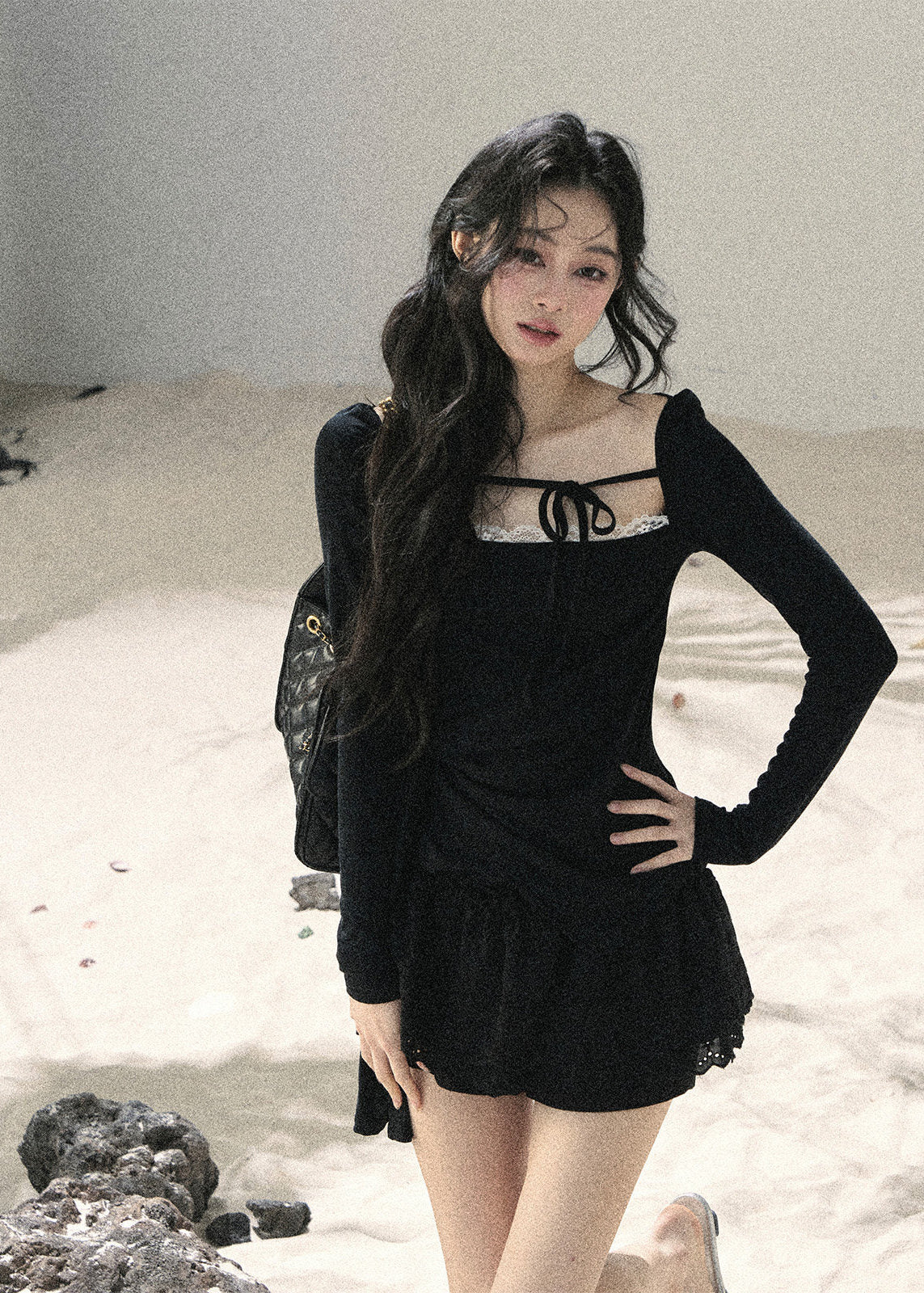 aomalm top, square neck top, lace trim top, black feminine top, long sleeve korean top, waist slimming top, ribbon detail top, romantic korean fashion, fitted summer top, hot girl top, elegant black blouse, lyocell spandex top