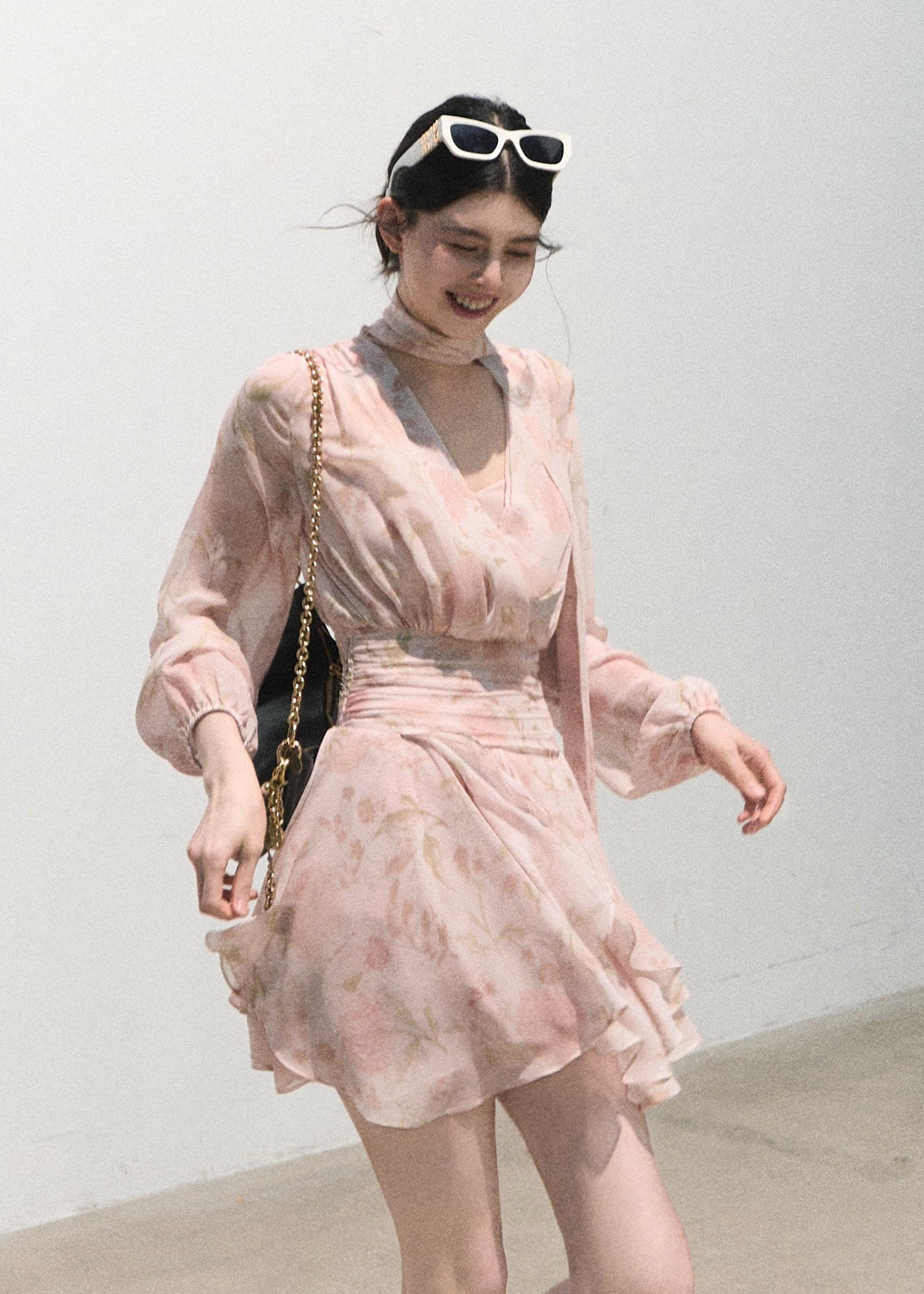 pink mini dress, chiffon mini dress, romantic summer dress, v neck pink dress, waist cinching dress, feminine vacation dress, long sleeve mini dress, elegant pink dress, oakmoo dress, resort mini dress