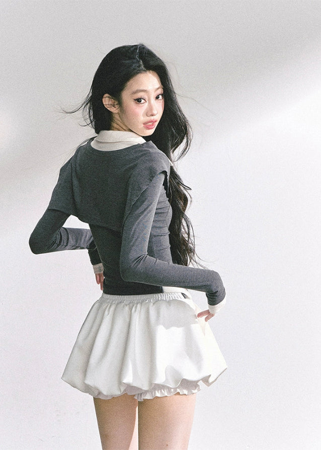korean fake two piece top, korean long sleeve polo shirt women, seoul fashion streetwear top, korean aesthetic preppy top, slim fit layered polo shirt, british inspired korean fashion, hot girl slim waist top, korean fall fashion long sleeve, polo collar slim top women, korean art student outfit, elegant french style layered top, korean modern street chic top, layered illusion knit top, korean preppy fashion blouse, kfashion trendy two piece top