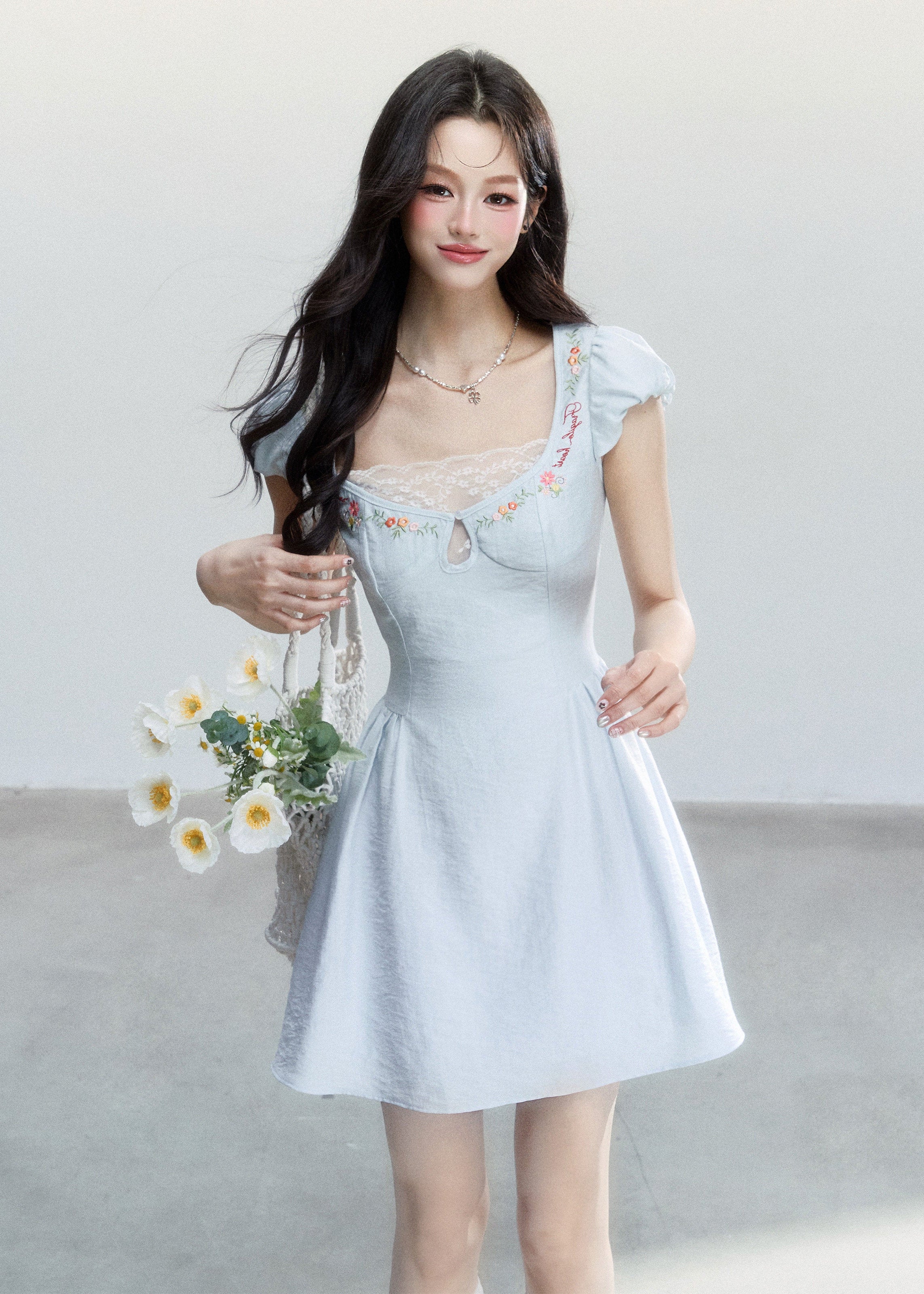 fragileheart dress, blue embroidered dress, lace mini dress, korean feminine dress, sweet summer dress, resort style dress, daisy embroidered dress, soft blue mini dress, feminine korean fashion, summer date dress, floral lace dress, romantic mini dress