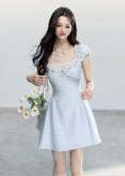 fragileheart dress, blue embroidered dress, lace mini dress, korean feminine dress, sweet summer dress, resort style dress, daisy embroidered dress, soft blue mini dress, feminine korean fashion, summer date dress, floral lace dress, romantic mini dress