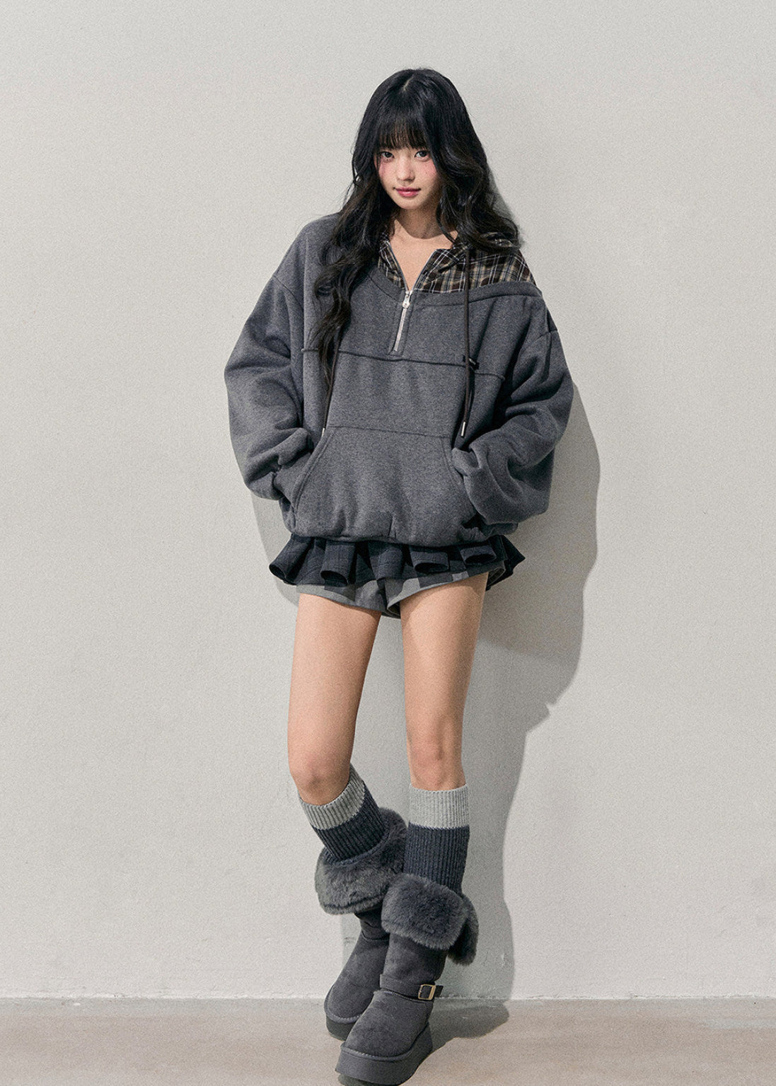 AOMALM hoodie, Korean hoodie women, fake two piece hoodie, plaid hoodie women, oversized sweatshirt, winter hoodie women, Korean casual top, fleece hoodie women, layered hoodie style, soft feminine hoodie, half zip sweatshirt, grey hoodie outfit, winter casual wear women, Korean street fashion hoodie, cozy winter sweatshirt