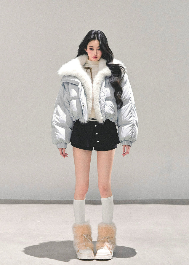 AOMALM down jacket, Korean winter jacket women, cropped fur hood jacket, white duck down coat, soft girl winter outfit, blue cropped puff jacket, warm thick down coat, Korean fashion 2025 winter, feminine winter jacket, plush collar down coat
