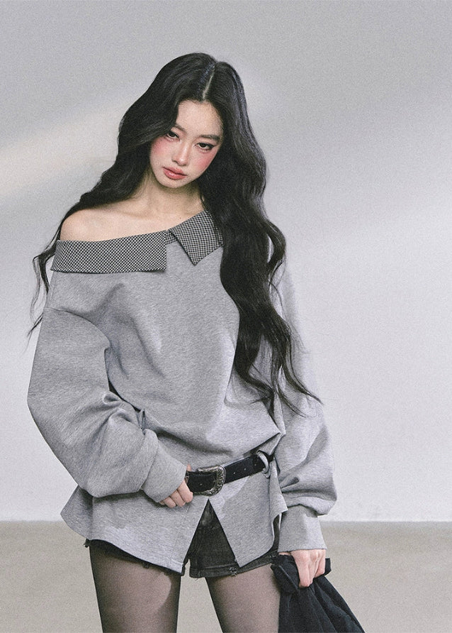 off shoulder sweatshirt women
asymmetric sweatshirt top
plaid trim sweatshirt
korean streetwear sweatshirt
american college style top
loose fit gray pullover women
slimming off shoulder top
fall fashion sweatshirt women
casual chic sweatshirt
korean american fashion top
oversized gray sweatshirt
trendy off shoulder sweater
