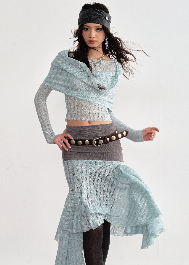 JNYLON mint layered outfit women, Korean stylish translucent knit set, modern Korean fashion irregular skirt, chic mint swing collar top, trendy Korean street chic outfit, hazy atmosphere layered set Korean style, lightweight mint fashion set women, urban fashion layered skirt outfit, stylish Korean aesthetic mint outfit, fashionable translucent knitwear women