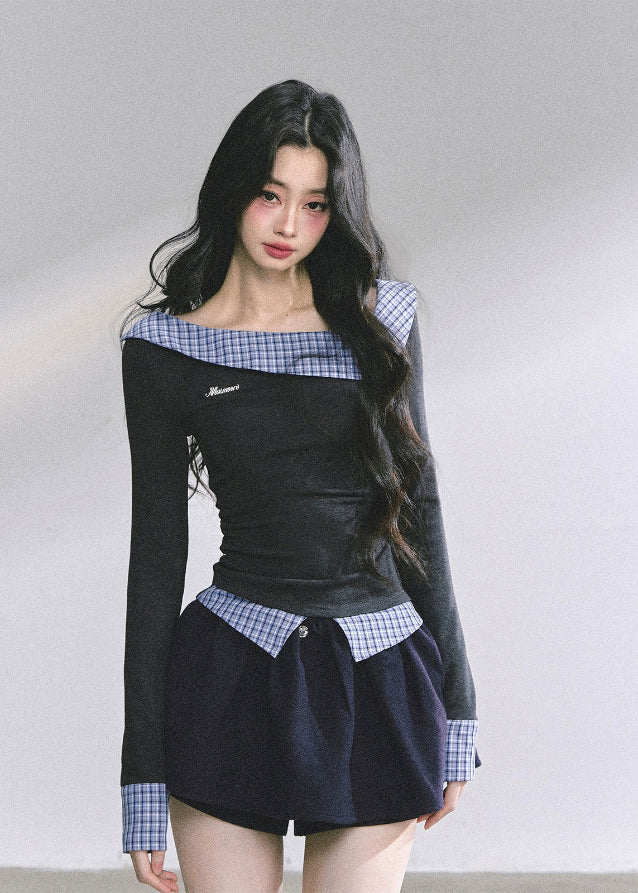 korean plaid off shoulder top, fake two piece asymmetrical shirt, korean streetwear women top, plaid accent long sleeve blouse, korean hot girl top, seoul style off shoulder outfit, korean preppy plaid top, korean fashion autumn top women, elegant french style knit top, plaid detail slim waist shirt, trendy korean outfit fall, british prep streetwear women, checkered long sleeve korean fashion, asymmetrical shoulder top, modern korean chic fashion women, korean off shoulder slim fit blouse