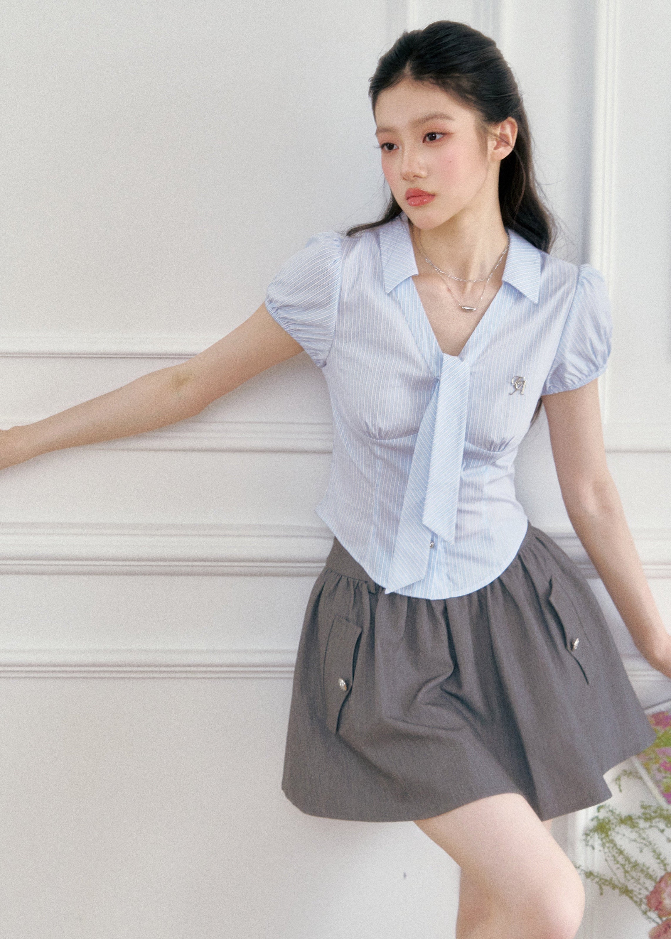 fragileheart top, blue striped shirt, korean collegiate top, academy style shirt, waist cinching top, slim fit shirt, feminine korean fashion, preppy stripe top, short sleeve collar shirt, korean summer top, soft blue shirt, campus style outfit