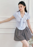fragileheart top, blue striped shirt, korean collegiate top, academy style shirt, waist cinching top, slim fit shirt, feminine korean fashion, preppy stripe top, short sleeve collar shirt, korean summer top, soft blue shirt, campus style outfit
