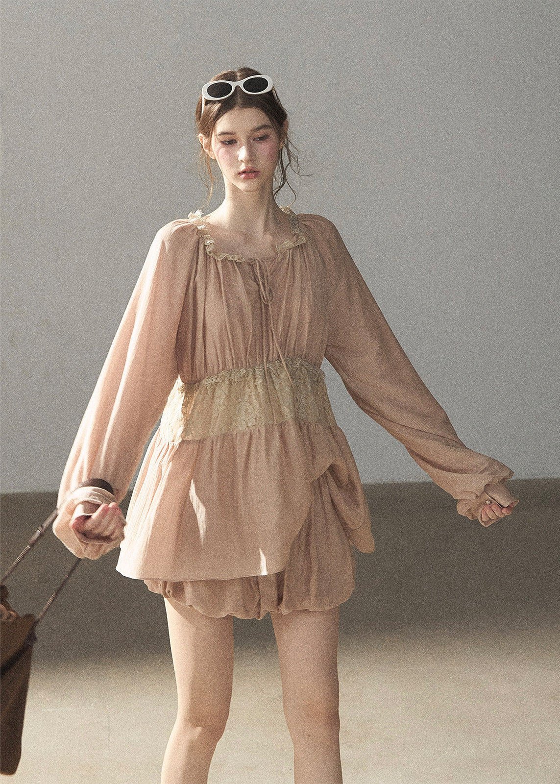 Blush lace waist blouse and skort two-piece set
