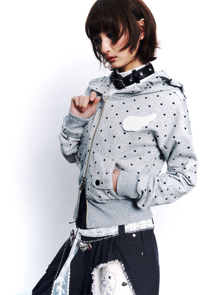 hooded jacket women, cropped hoodie women, polka dot hoodie, grunge outfit women, edgy outfit women, street style hoodie, punk style clothing, y2k edgy outfit, alternative fashion women, zip hoodie women, cropped jacket women, urban streetwear women, statement hoodie women, casual street outfit, rebellious fashion outfit, underground fashion women, dark aesthetic outfit, edgy streetwear women, lightweight jacket women, modern grunge fashion