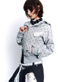 hooded jacket women, cropped hoodie women, polka dot hoodie, grunge outfit women, edgy outfit women, street style hoodie, punk style clothing, y2k edgy outfit, alternative fashion women, zip hoodie women, cropped jacket women, urban streetwear women, statement hoodie women, casual street outfit, rebellious fashion outfit, underground fashion women, dark aesthetic outfit, edgy streetwear women, lightweight jacket women, modern grunge fashion