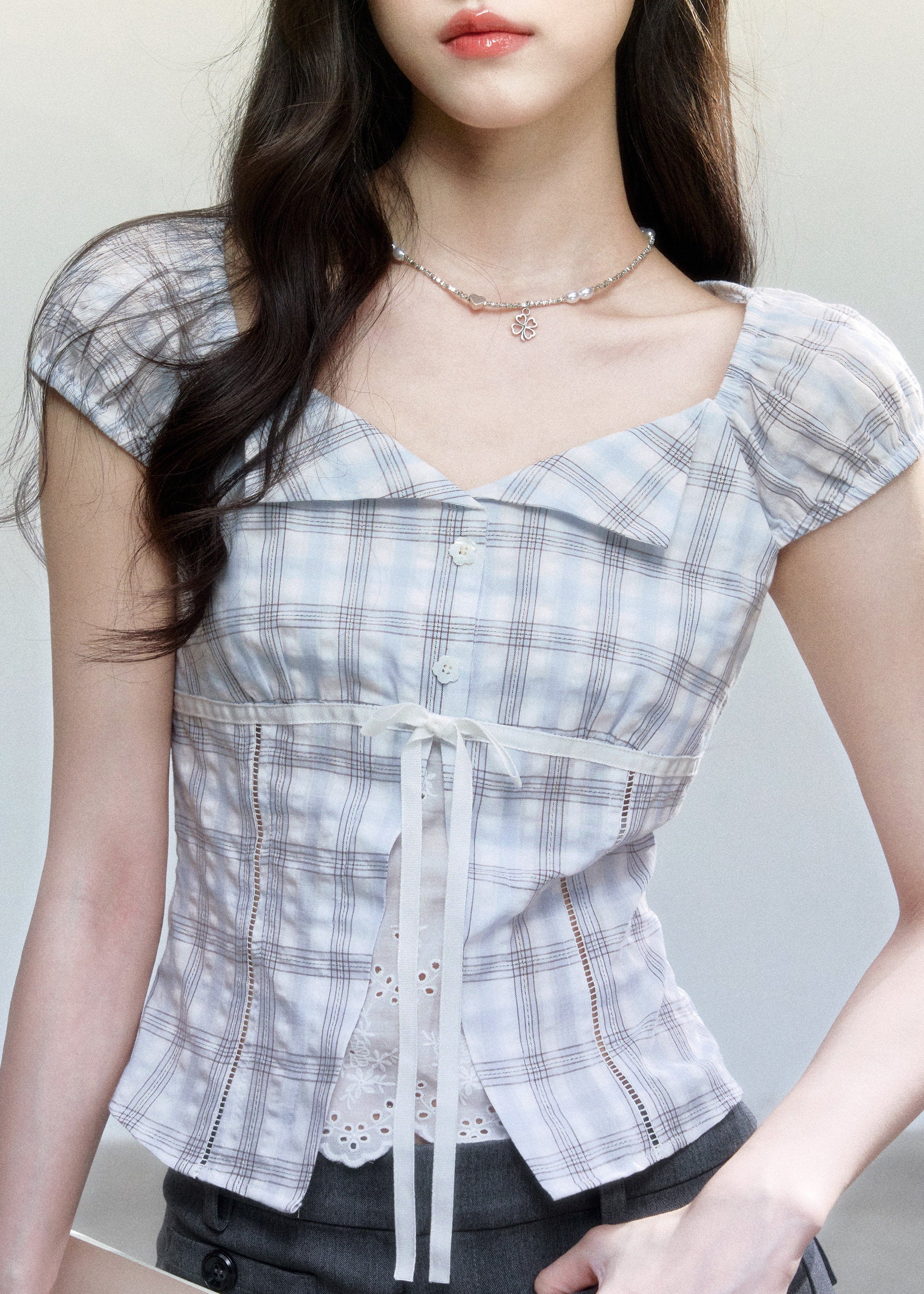 fragileheart top, blue plaid top, korean plaid blouse, academy style top, lace patchwork top, feminine summer top, tie front plaid top, cotton plaid blouse, korean fashion top, slim fit summer blouse, cute plaid top, preppy korean top