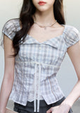 fragileheart top, blue plaid top, korean plaid blouse, academy style top, lace patchwork top, feminine summer top, tie front plaid top, cotton plaid blouse, korean fashion top, slim fit summer blouse, cute plaid top, preppy korean top
