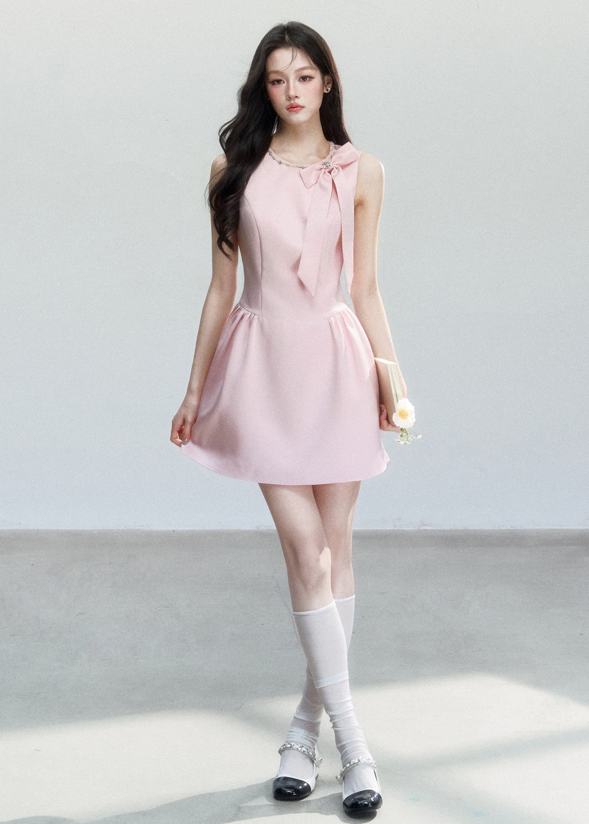 pink satin mini dress, princess satin dress, bow shoulder dress, feminine korean dress, fragileheart dress, birthday party dress, romantic pink dress, satin flare mini dress, soft girl mini dress, cute pink occasion dress, korean feminine fashion, blush satin dress