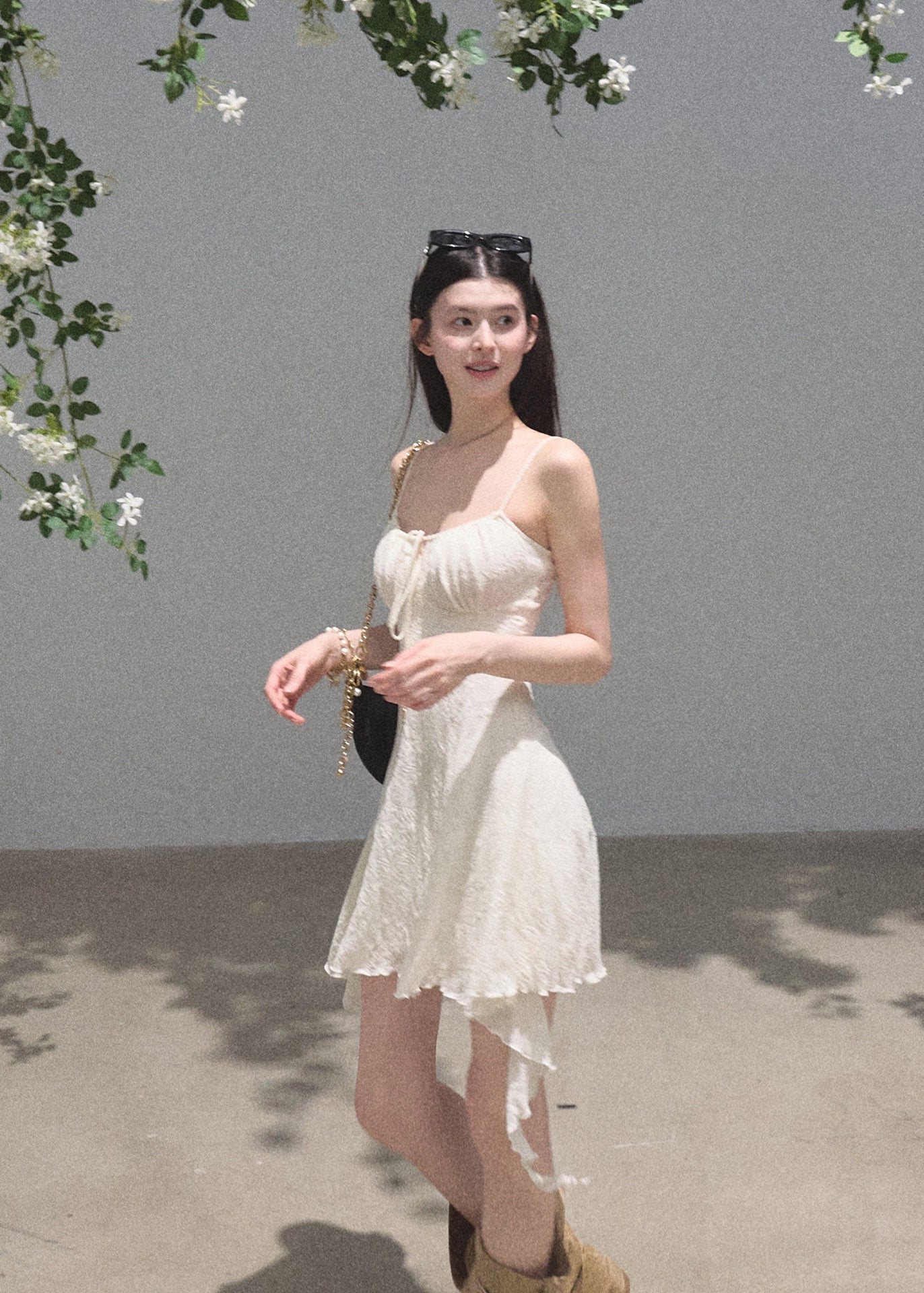 Soft cream jacquard mini dress with feminine fairy-inspired fit