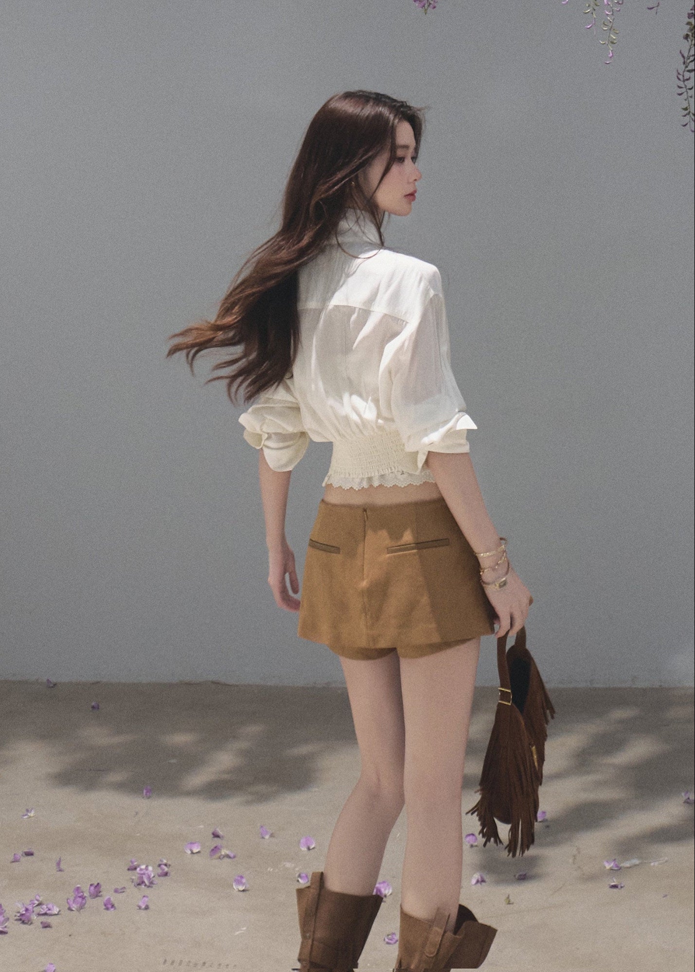 Ivory ribbon-tie cropped blouse with a softly gathered waist