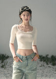 aomalm top, lace trim top, cropped summer top, feminine korean top, scoop neck fitted tee, slim fit cropped top, short sleeve lace top, korean fashion top, soft girl summer top, waist slimming top, white fitted summer tee, delicate everyday top