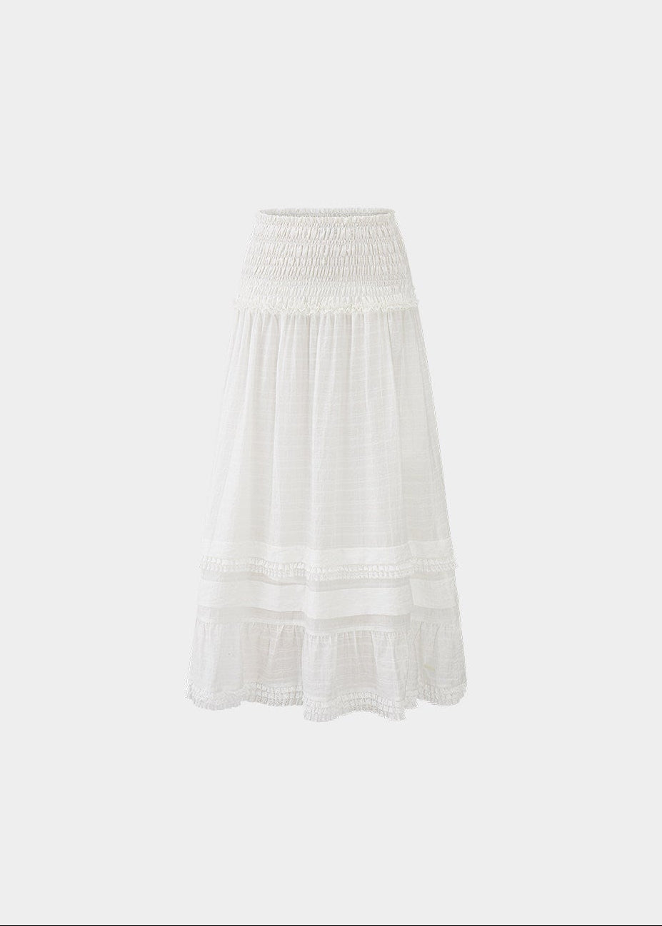 white maxi skirt, pleated long skirt, korean fashion skirt, flowy maxi skirt, elastic waist skirt, feminine long skirt, spring summer skirt, lightweight skirt women, elegant casual outfit, parisian style clothing, soft aesthetic skirt, tiered maxi skirt, breathable fabric skirt, modern feminine clothing, versatile long skirt, chic everyday outfit, refined casual wear, airy fabric skirt, graceful silhouette skirt, minimal elegant skirt