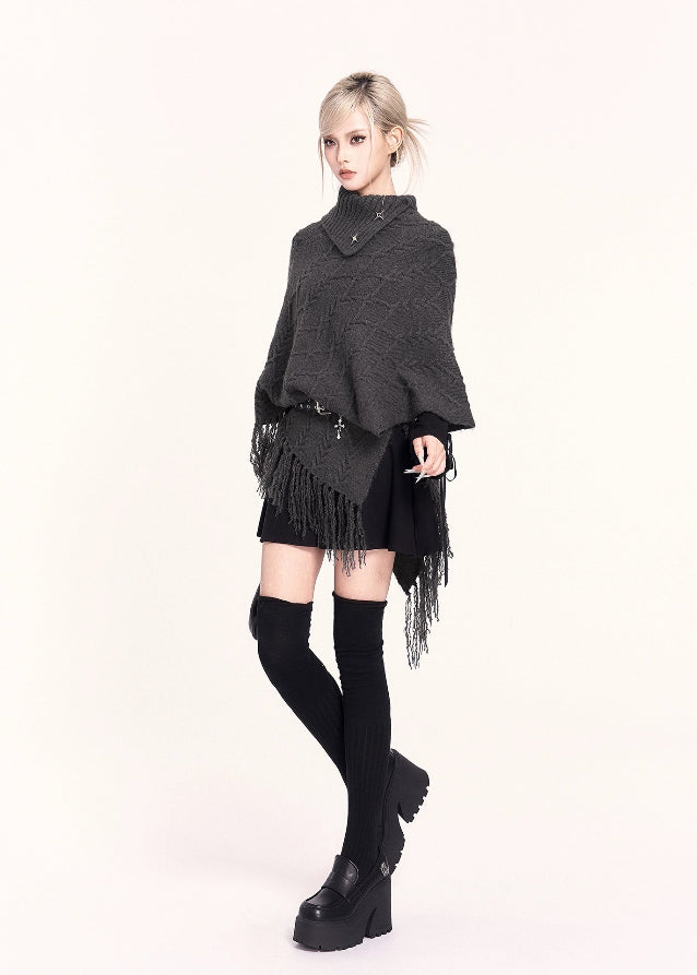 VOCK, y2k fashion, Korean style sweater, fringe cape sweater, knit shawl top, high neck poncho, asymmetric sweater, gothic knitwear, winter kawaii fashion, edgy streetwear top, Korean winter outfit, aesthetic dark fashion, high collar knit, poncho sweater women, irregular hem sweater, trendy winter tops women, Seoul fashion knit
