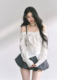 korean off shoulder long sleeve top, french drape blouse women, fake two piece asymmetrical top, korean autumn fashion top women, off shoulder plaid shirt top, elegant french style blouse, korean streetwear chic outfit, trendy korean top long sleeve, asymmetrical draped top women, hot girl fashion blouse korea, korean minimal chic outfit, seoul fashion top autumn, off shoulder slim fit shirt, korean preppy plaid shirt, london style korean top women