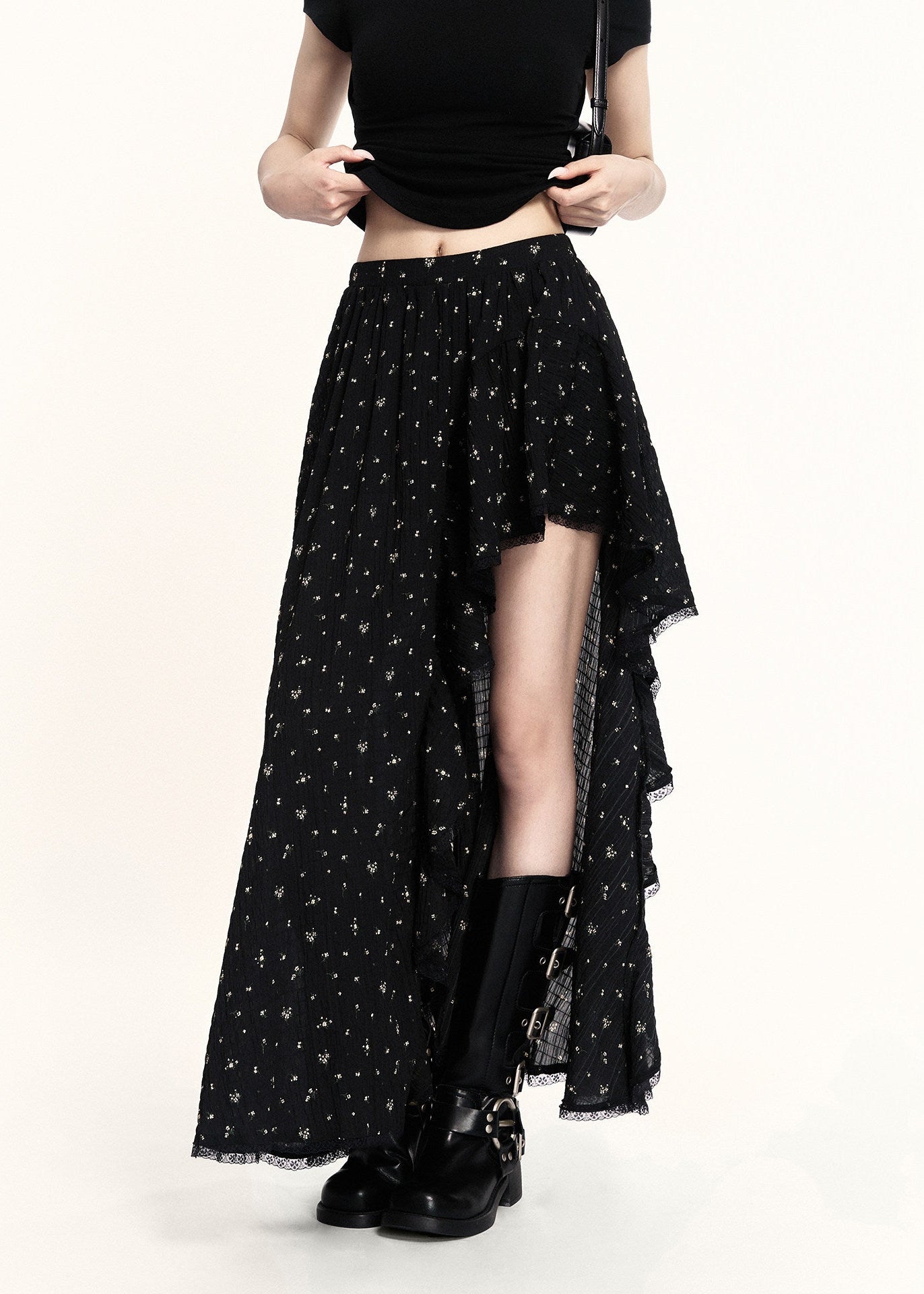 Black high-low ruffle skirt with a sheer layered hem