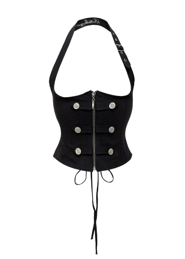 black ruffle shirt set, corset vest two-piece top, 4muggle stylish outfit, urban chic black shirt, slim waist corset top, modern edgy girl style, layered black top set, ruffle neckline shirt, fashion streetwear set, city girl stylish outfit, slimming corset shirt, trendy black two-piece, editorial street fashion, dark chic women’s top