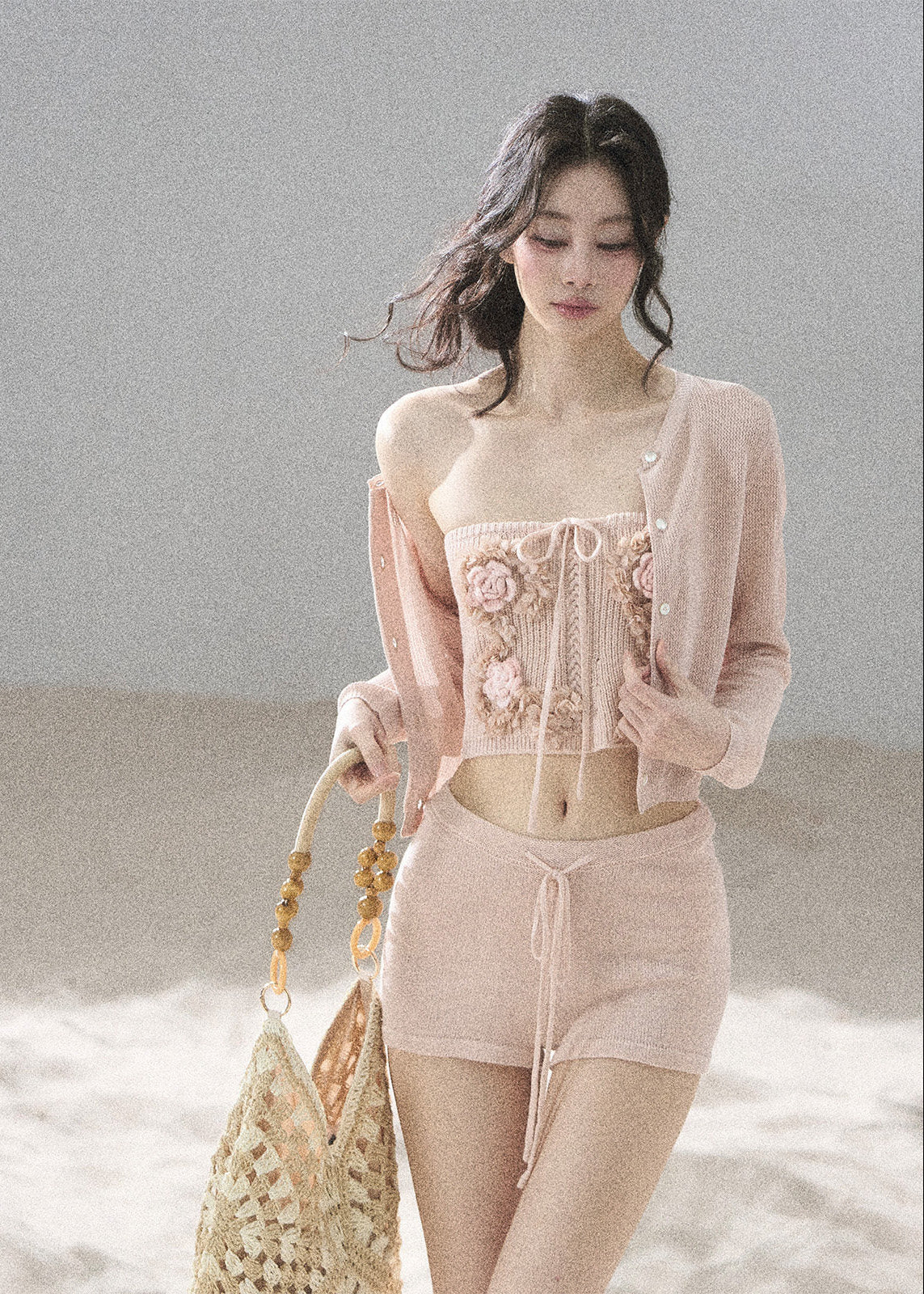 aomalm set, three piece set women, floral bandeau set, korean summer set, olive green co ord, french feminine outfit, 3d floral top, cardigan and shorts set, resort outfit women, romantic summer set, knit shorts set, feminine korean fashion