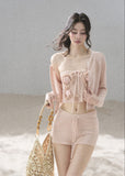 aomalm set, three piece set women, floral bandeau set, korean summer set, olive green co ord, french feminine outfit, 3d floral top, cardigan and shorts set, resort outfit women, romantic summer set, knit shorts set, feminine korean fashion