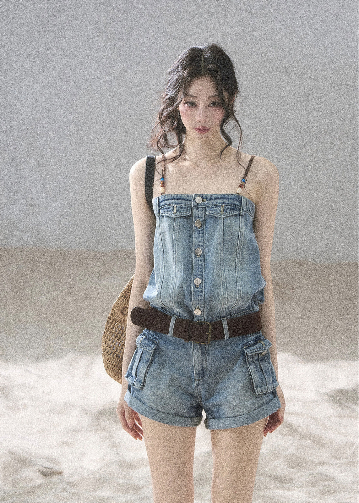 Summer denim shorts jumpsuit with front buttons