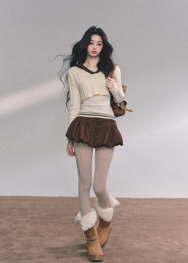 knitted sweater set, layered knit top, two-piece knit set, navy collar sweater, Korean fashion sweater, fall winter knit top, layered college style top, trendy knit outfit, Korean-American streetwear, women’s autumn knit set, chic layered sweater, cute fall outfit, preppy knit ensemble, elegant French knitwear, soft knitted long sleeve top
