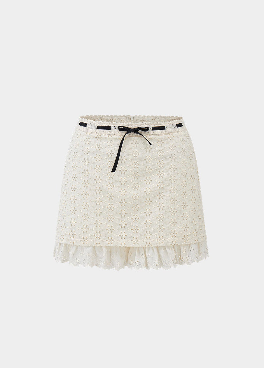 cotton eyelet set, embroidered two piece set, flutter sleeve top and skirt, Korean feminine set, ribbon collar top, pure cotton summer set, hollow embroidered top, mini skirt set, romantic Korean fashion, feminine summer outfit, café date outfit, white cotton skirt set, eyelet blouse set, sweet Korean style, summer two piece outfit