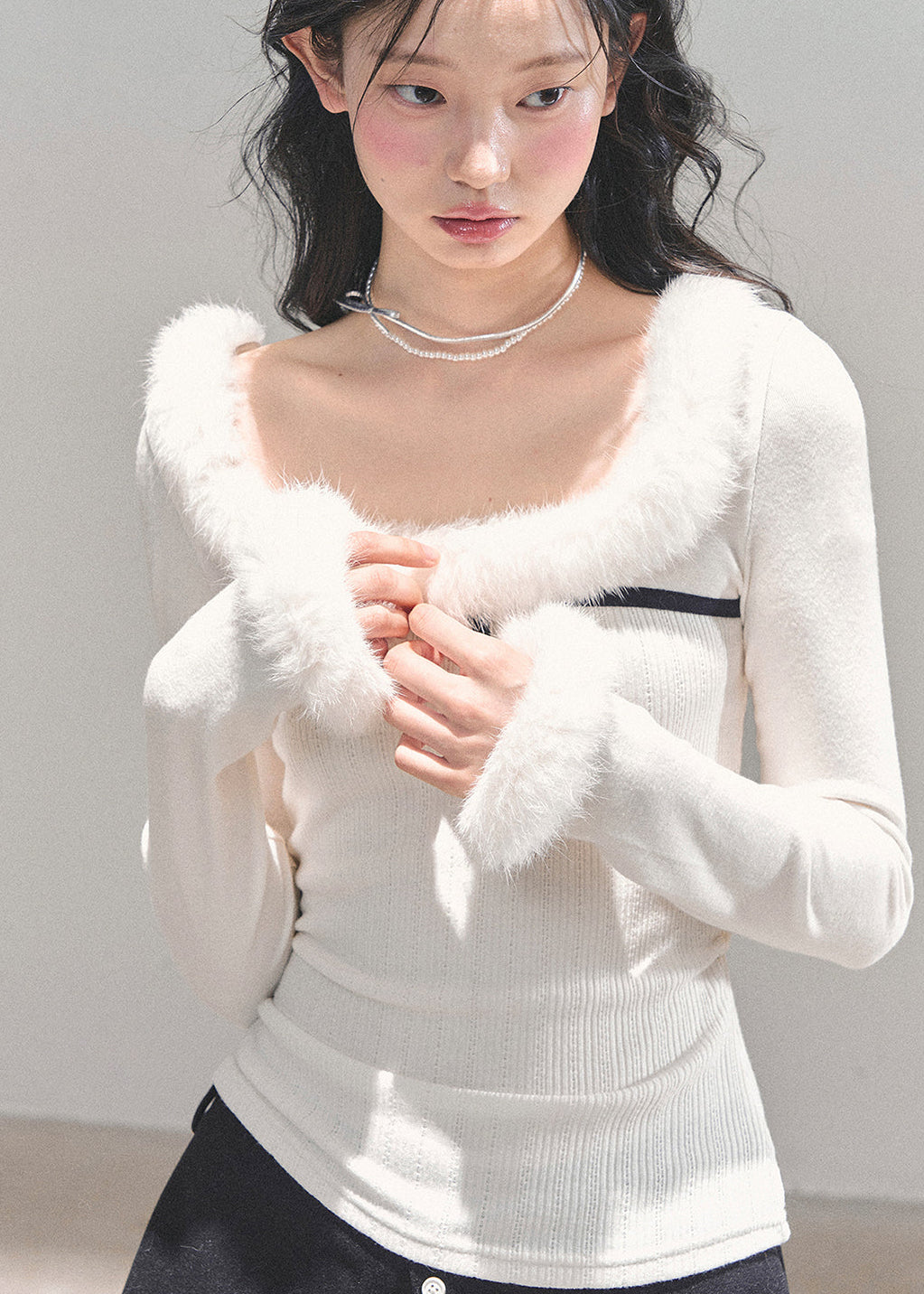 Korean knit top, winter fuzzy trim sweater, faux fur neckline top, soft girl aesthetic clothing, warm winter knitwear, elegant feminine top, scoop neck fur sweater, AOMALM winter collection, soft knit base layer, cozy Korean fashion, romantic winter outfit, long sleeve fur trim shirt, warm cute sweater womens, holiday knit top, Korean winter style 2025, soft touch knitwear, winter layering tops, white fuzzy sweater womens.