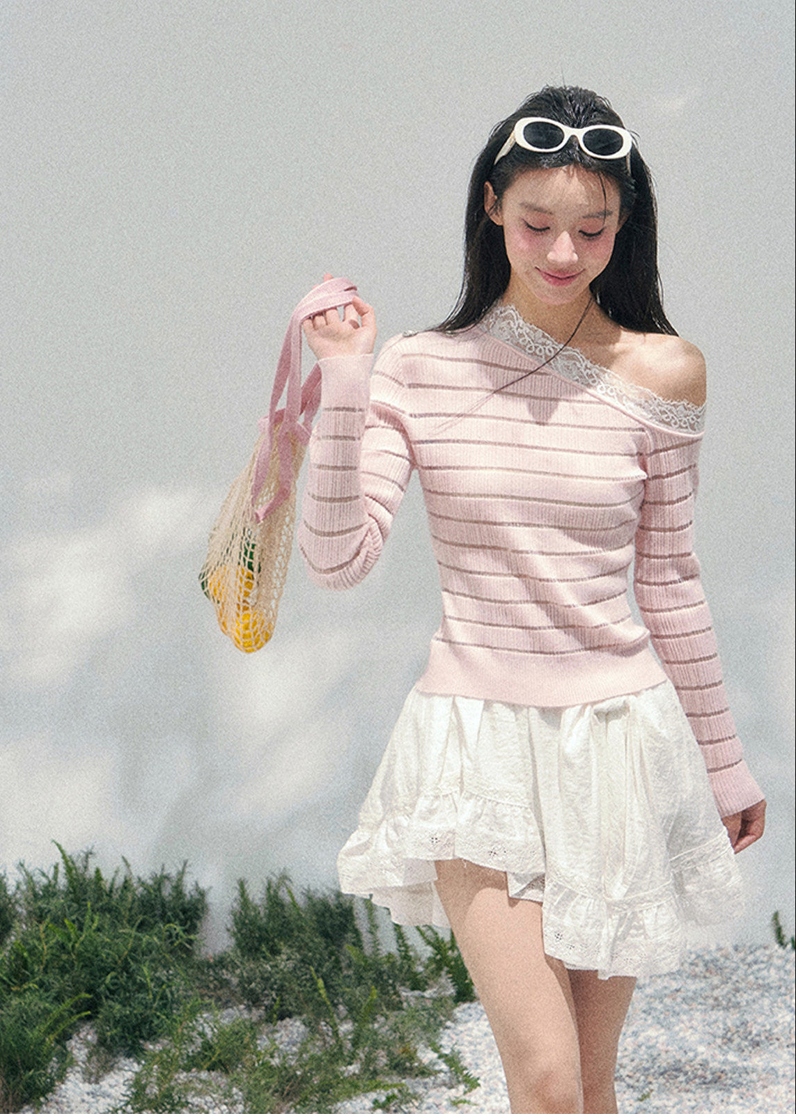 AOMALM asymmetric lace knit top, French romantic spring sweater, feminine slanted shoulder knitwear, Korean elegant lace blouse, quiet luxury womens knit, sheer lace long sleeve top, Parisian inspired romantic knit, delicate cutout spring top women, refined feminine Korean fashion, lightweight romantic knitwear, soft luxury womenswear knit, lace detail asymmetric sweater, elegant spring outfit knit, romantic Korean French aesthetic clothing, feminine layered knit top, poetic romantic spring fashion
