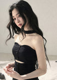 Black halter cutout knit mini dress with fitted silhouette and front button details