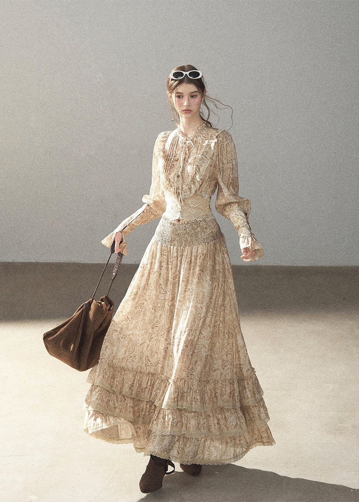 Romantic lace top and long skirt two-piece set