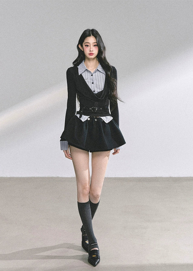 korean preppy top women, fake two piece striped shirt top, seoul fashion long sleeve knit, hot girl study outfit, korean streetwear autumn, slim fit korean fashion top, preppy long sleeve top women, elegant korean chic outfit, korean office girl style, two tone knitwear korea, french preppy fashion women, modern street chic korean look, fall fashion tops korea, slim waist long sleeve shirt, kfashion striped collar knit top