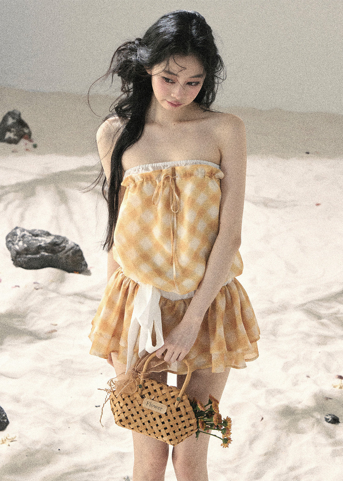aomalm dress, gingham mini dress, french plaid dress, korean feminine dress, summer mini dress, puffy skirt dress, yellow plaid dress, romantic mini dress, cute korean fashion dress, resort mini dress, feminine summer dress, short plaid dress