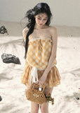aomalm dress, gingham mini dress, french plaid dress, korean feminine dress, summer mini dress, puffy skirt dress, yellow plaid dress, romantic mini dress, cute korean fashion dress, resort mini dress, feminine summer dress, short plaid dress