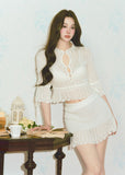 hollow knit top and skirt set, French knit skirt set, feminine Korean two piece set, cream knit mini skirt set, romantic knit outfit women, soft knit matching set, slim fit top and skirt set, elegant mini skirt set, dressy knit co-ord women, cute Korean skirt set, date outfit two piece set, soft cream knit set, fitted knit top women, feminine coordinated outfit, LaLuneDuCiel style clothing