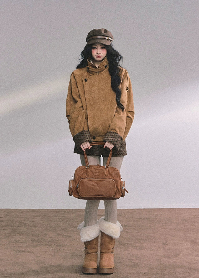 suede two piece set, suede jacket skirt set, warm suede jacket women, fur collar suede coat, hepburn style outfit, french suede outfit, autumn winter suede set, pleated skirt set women, korean fashion suede jacket, brown suede coat women, cozy winter two piece outfit, nom alm style set, vintage suede jacket outfit, warm plush collar jacket, high end suede fashion
