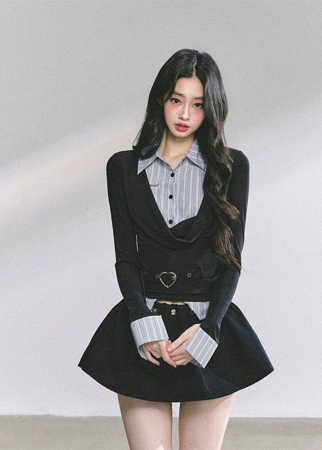 korean preppy top women, fake two piece striped shirt top, seoul fashion long sleeve knit, hot girl study outfit, korean streetwear autumn, slim fit korean fashion top, preppy long sleeve top women, elegant korean chic outfit, korean office girl style, two tone knitwear korea, french preppy fashion women, modern street chic korean look, fall fashion tops korea, slim waist long sleeve shirt, kfashion striped collar knit top