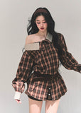 off shoulder plaid shirt, korean style plaid top, autumn winter plaid jacket, asymmetry neckline top, AOMALM plaid shirt women, street style plaid blouse, off shoulder check shirt jacket, korean fashion tops 2025, casual commuter shirt women, oversized plaid top, fall winter layering shirt, trendy checkered blouse womens, soft plaid jacket korean, chic off shoulder outerwear, brown plaid shirt jacket women