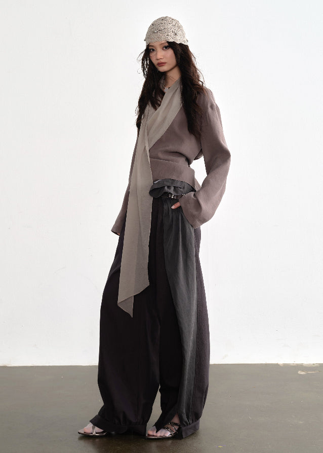 JNYLON earth tone shirt women, Korean stylish wide sleeve blouse, neutral long streamer shirt, modern Korean fashion shirt, chic natural style womenswear, long tie blouse Korean fashion, relaxed wide sleeve shirt women, trendy Korean street chic top, minimalist earth color blouse women, lightweight urban fashion shirt, Korean aesthetic long sleeve blouse, stylish neutral layering shirt
