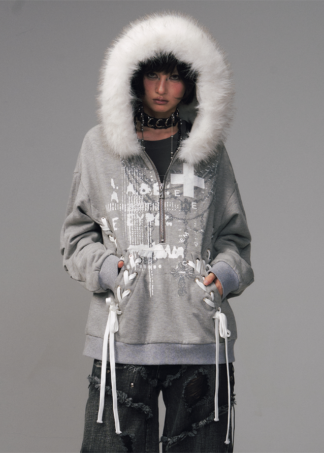 faux fur collar hoodie, detachable fur hood sweatshirt, lace-up streetwear hoodie, punk graphic hoodie, distressed print hoodie, winter oversized fleece jacket, edgy asian street style hoodie, grunge lace-up sweatshirt, FRAGILEHEART hoodie, women’s fur trim sweatshirt, urban punk winter top, grey graphic hoodie women, y2k fur hood jacket
