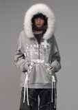 faux fur collar hoodie, detachable fur hood sweatshirt, lace-up streetwear hoodie, punk graphic hoodie, distressed print hoodie, winter oversized fleece jacket, edgy asian street style hoodie, grunge lace-up sweatshirt, FRAGILEHEART hoodie, women’s fur trim sweatshirt, urban punk winter top, grey graphic hoodie women, y2k fur hood jacket